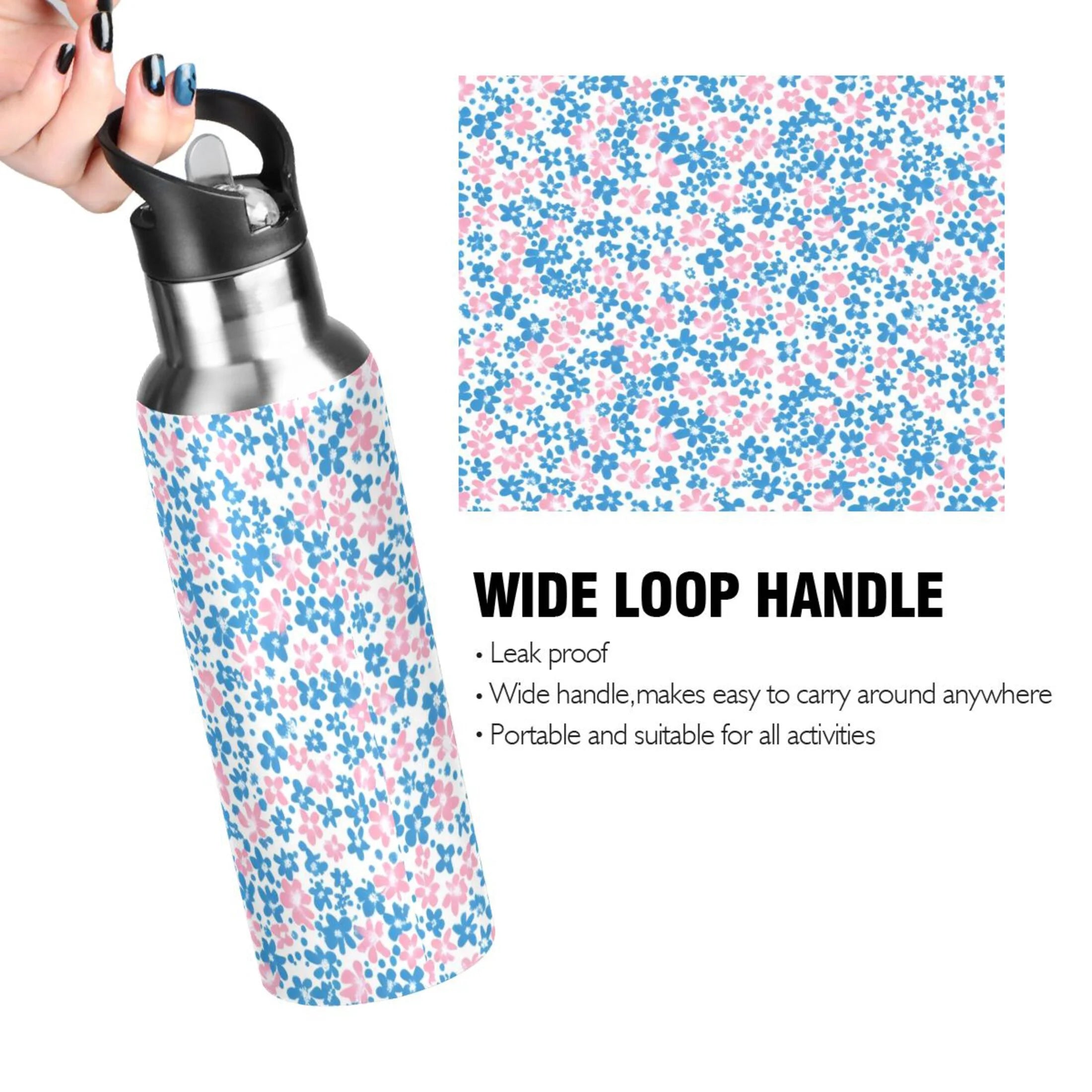 Pink and Blue Floral Insulated Stainless Steel Water Bottle with Straw Lid 20 oz W7784