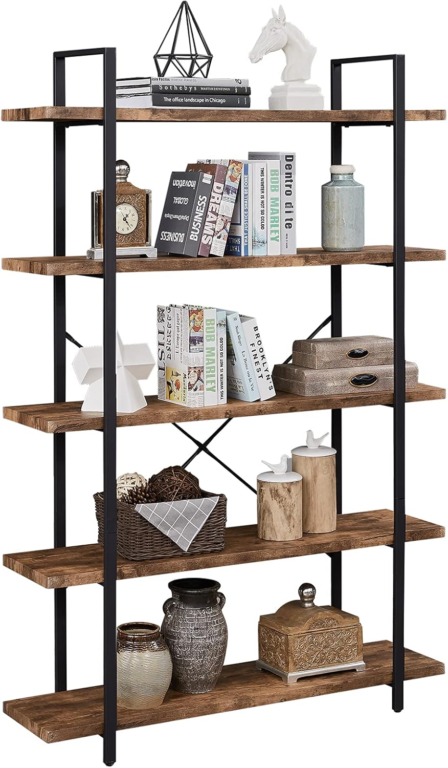5-Shelf Industrial Bookshelf with Metal Frame, Distressed Brown B290788