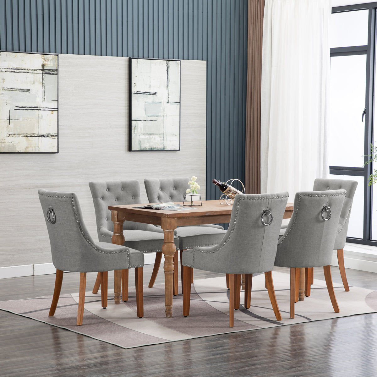 Linen Upholstered Dining Chairs Set of 2 with Solid Wood Legs, Light Gray Z3337