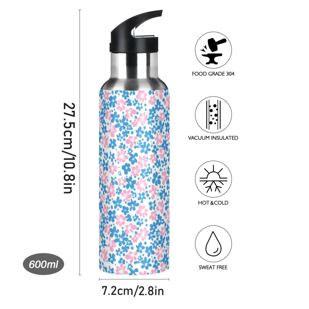 Pink and Blue Floral Insulated Stainless Steel Water Bottle with Straw Lid 20 oz W7784