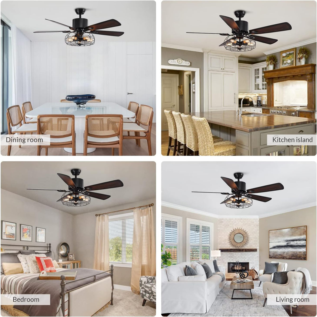 52 Inch Black Ceiling Fan with Lights Remote Control 5 Wood Blades M703666