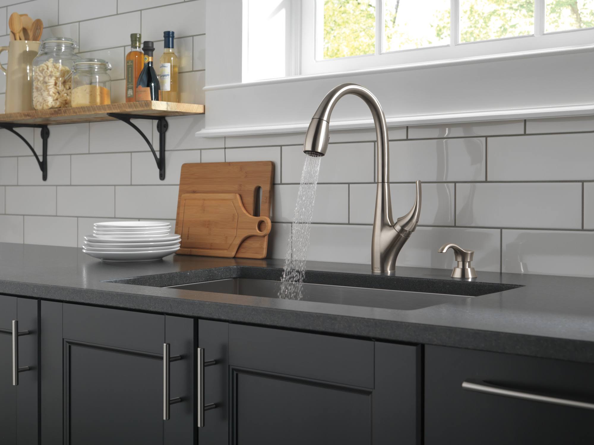Single Handle Pull-Down Kitchen Faucet with Soap Dispenser, Stainless B488