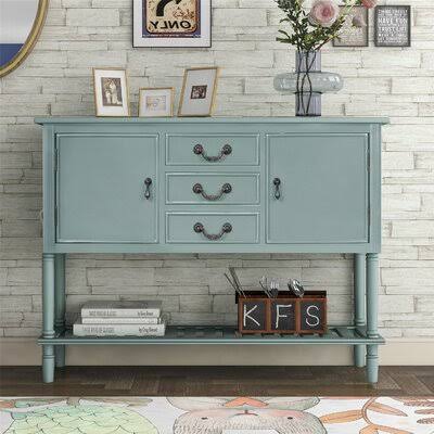 Navy Blue Console Table with 3 Drawers, 2 Cabinets and 1 Shelf N48849