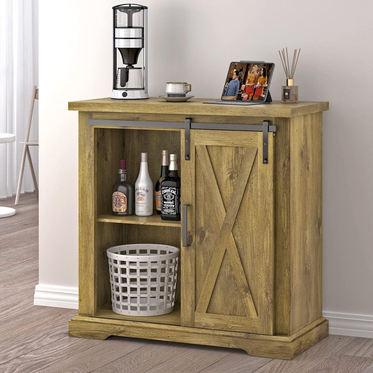 Dark Brown Wood Accent Cabinet with Sliding Barn Door and 4 Adjustable Shelves F6480