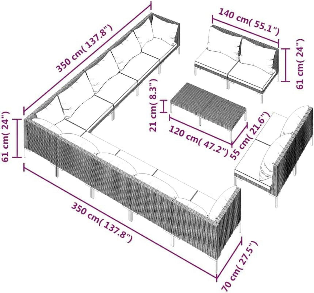 14 Piece Patio Lounge Set with Cushions Poly Rattan Dark Gray E18819