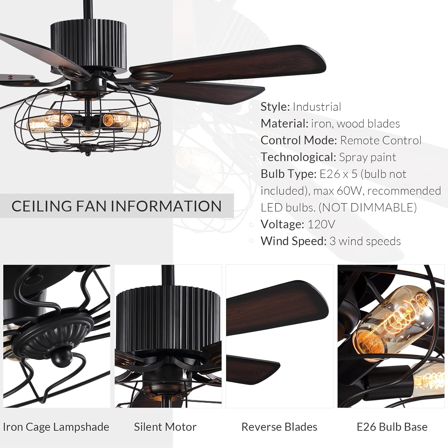 52 Inch Black Ceiling Fan with Lights Remote Control 5 Wood Blades M703666
