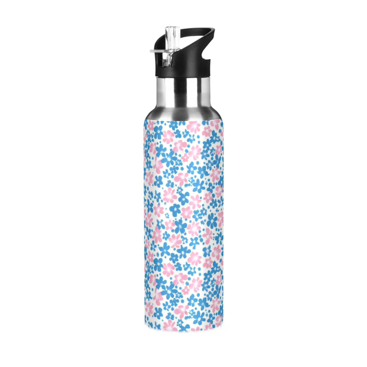 Pink and Blue Floral Insulated Stainless Steel Water Bottle with Straw Lid 20 oz W7784